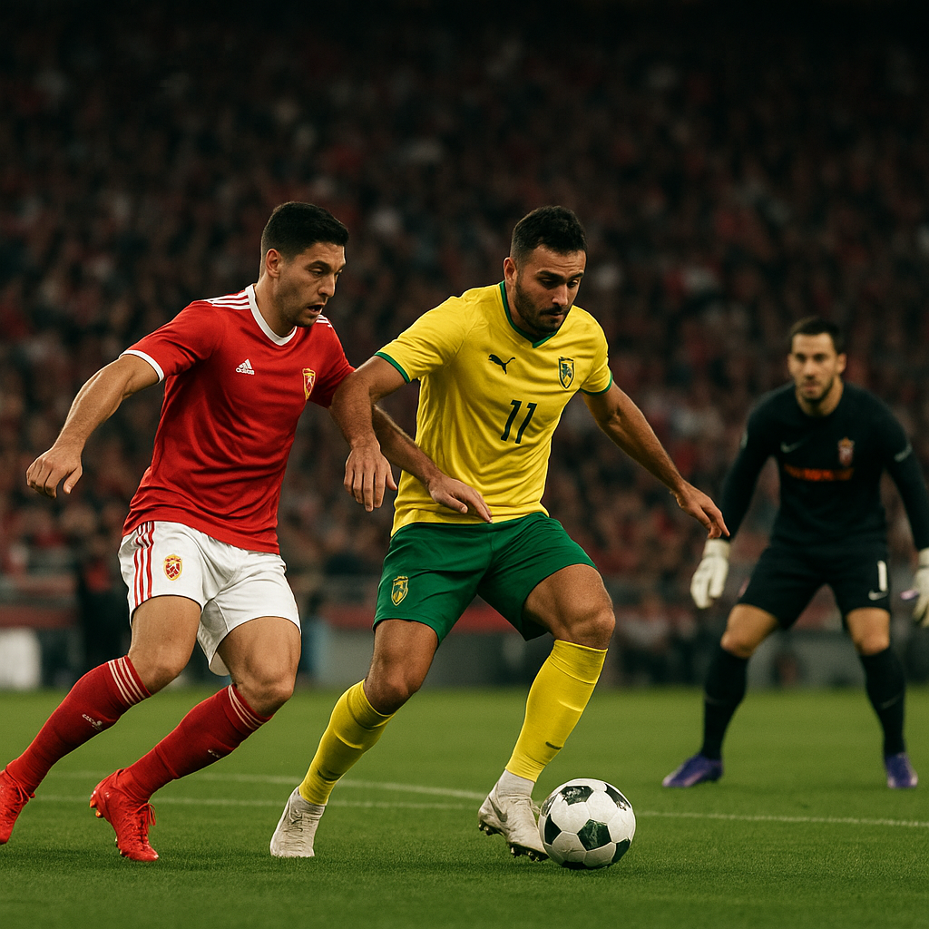 Players contest the ball near the box in a Liga Portugal match as the