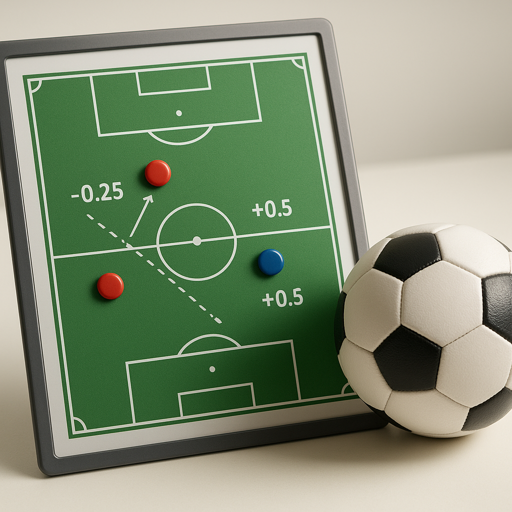 A football and tactics board with fictional Asian handicap line examples on a green